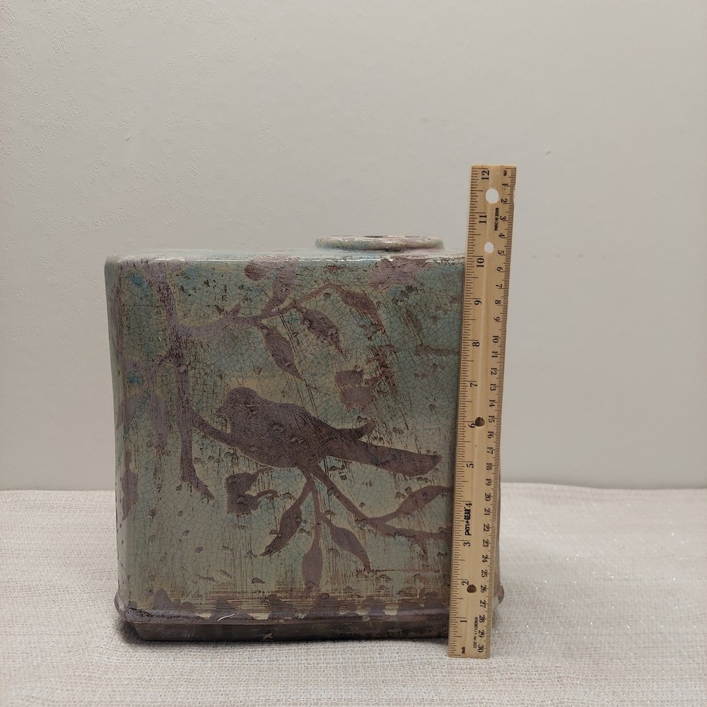 Uttermost Bird on Branch Ceramic Vase Rectangular Teal Brown Crackle Glaze 10in‎ - Picture 7 of 9